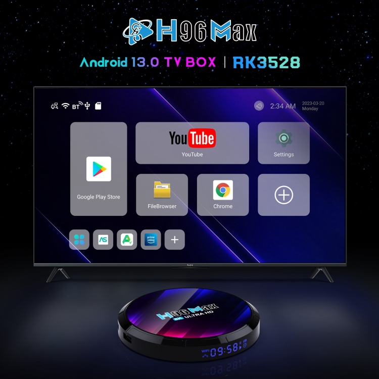 H96 Max 8K Ultra HD Smart TV Box Android 13.0 Media Player with Remote Control, RK3528 Quad-Core, 4GB+64GB(AU Plug) - B1